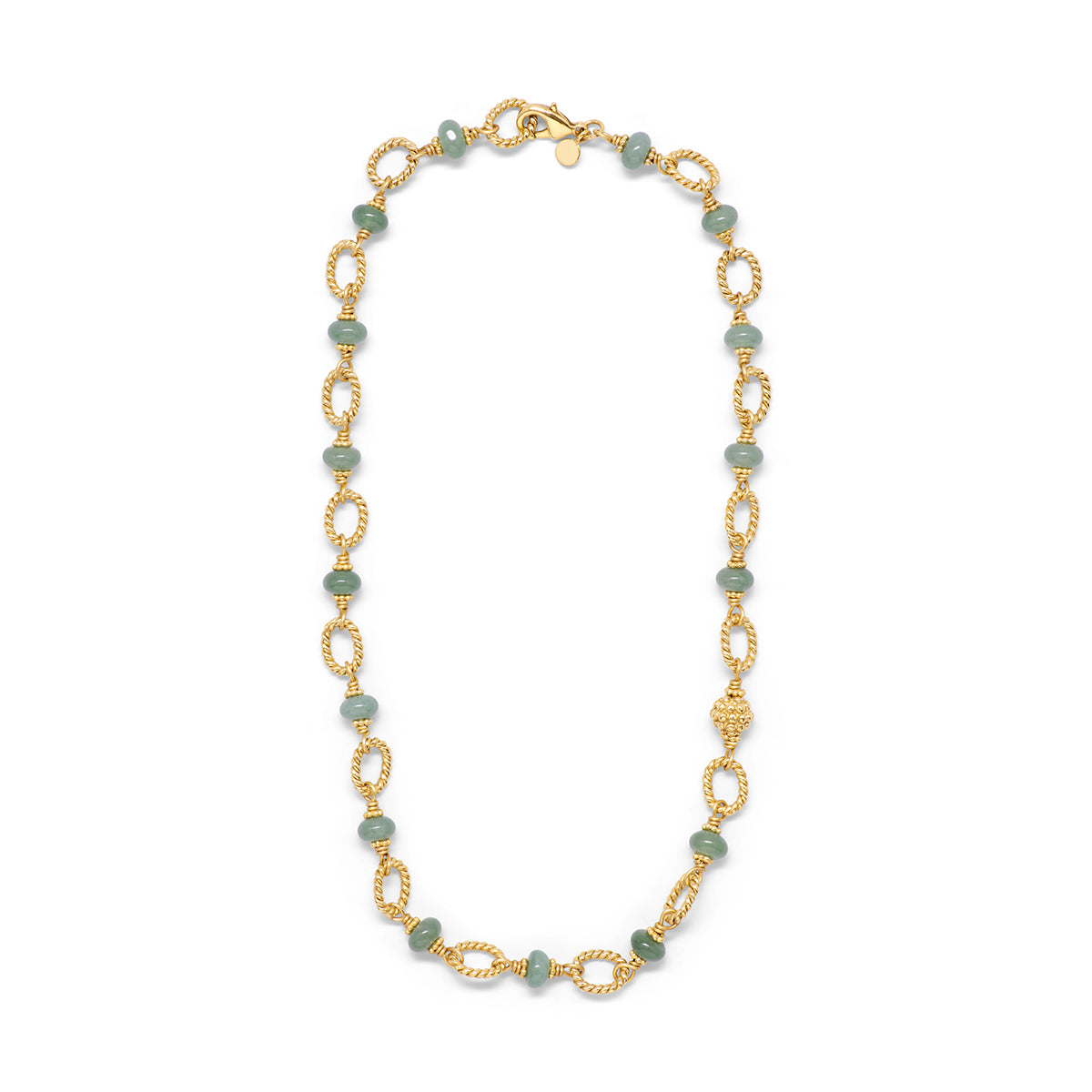 A gold link chain necklace featuring alternating textured oval links and small round beads in a light sage green, displayed on a clean white background.