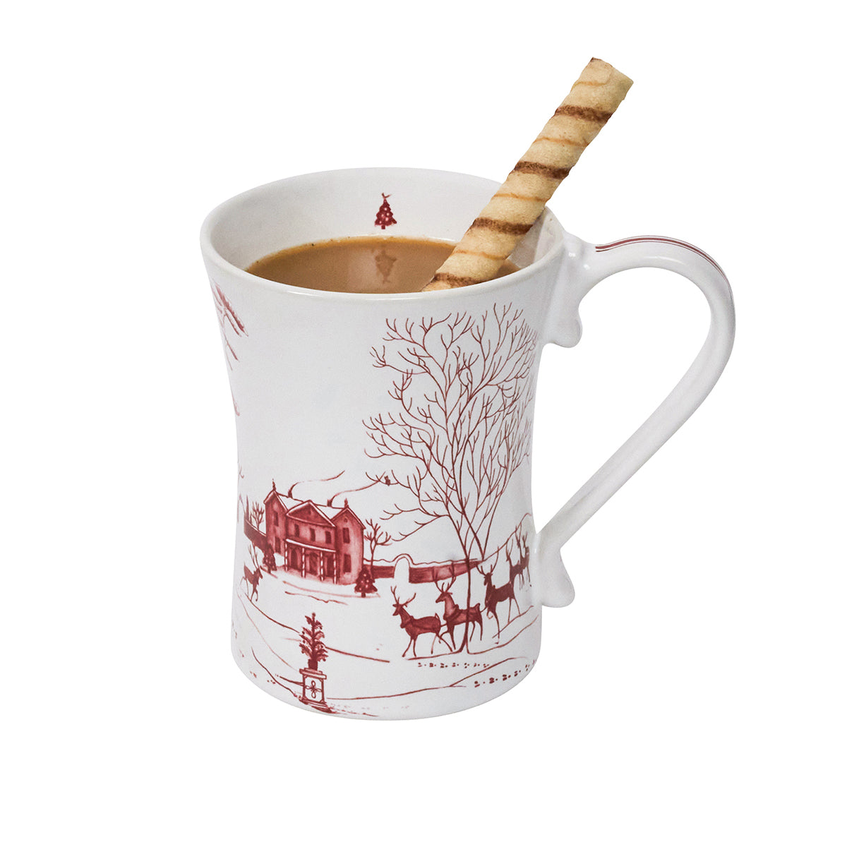 White mug with red Christmas-themed design filled with a hot beverage and a straw on a white background