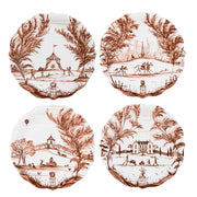 Four decorative plates with brown landscape illustrations on a white background