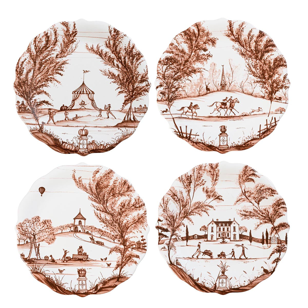 Four decorative plates with brown landscape illustrations on a white background