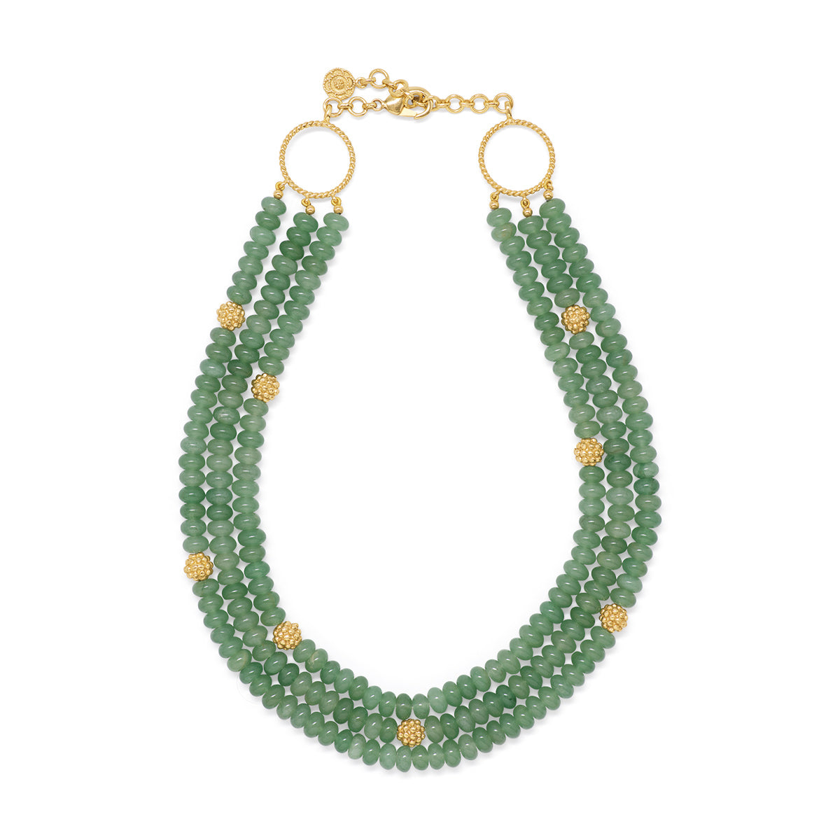 A three-strand beaded necklace featuring light green faceted beads and gold-tone metal accents, including circular ring connectors, small spacer beads, and a chain clasp, shown on a plain white background.